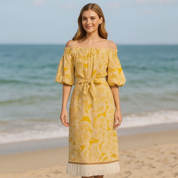 The Nat Note X Antonio Melani SZ 0 Raney Midi Dress Off Shoulder A-Line Linen - Picture 1 of 6